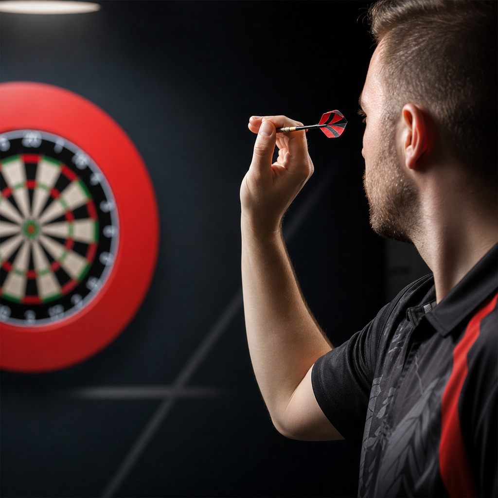 Dartspeler in werphouding, focus op techniek