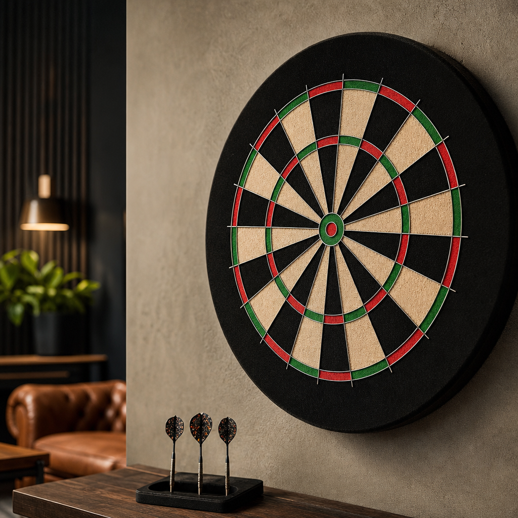 Sfeerbeeld van een dartbord met scorebord op de achtergrond