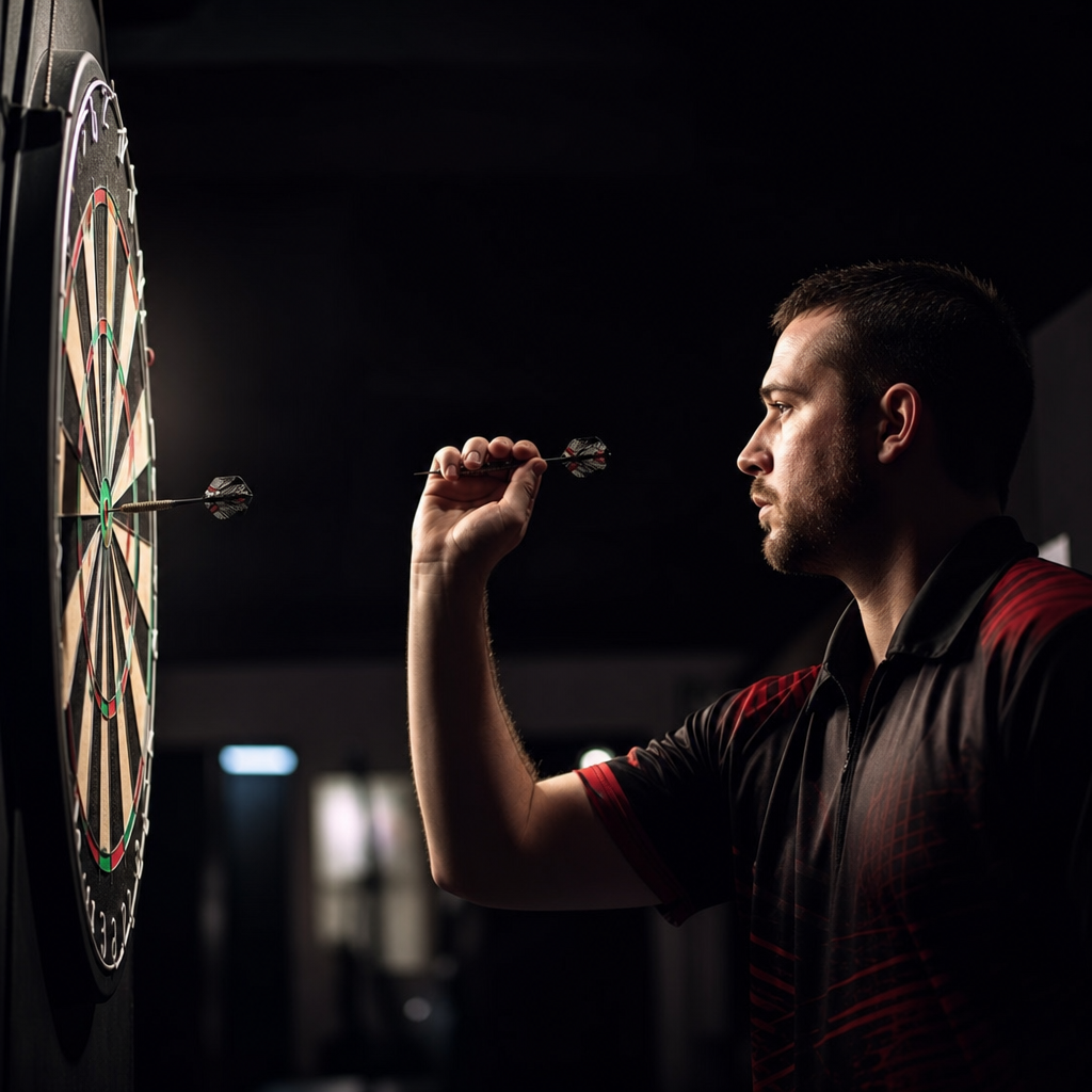 Dartspeler oefent alleen op een dartbord